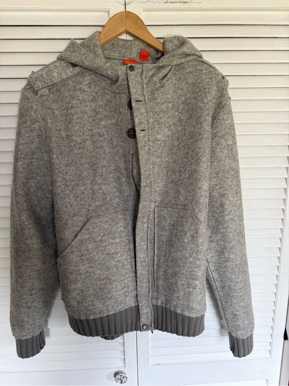 Hugo Boss Gray Hooded Wool Zip & Button Sweater Jacket